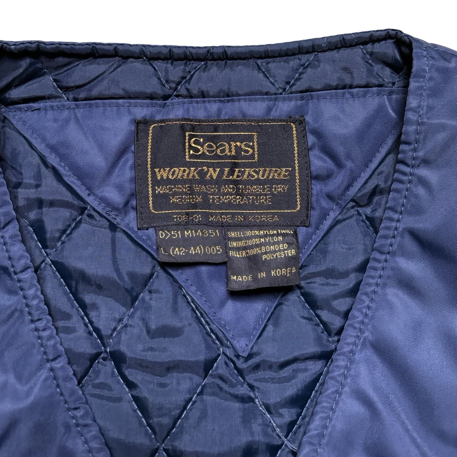 Sears Work Leisure Quilted Vest Navy Blue Full Zip Pocket Nylon Polyester VTG