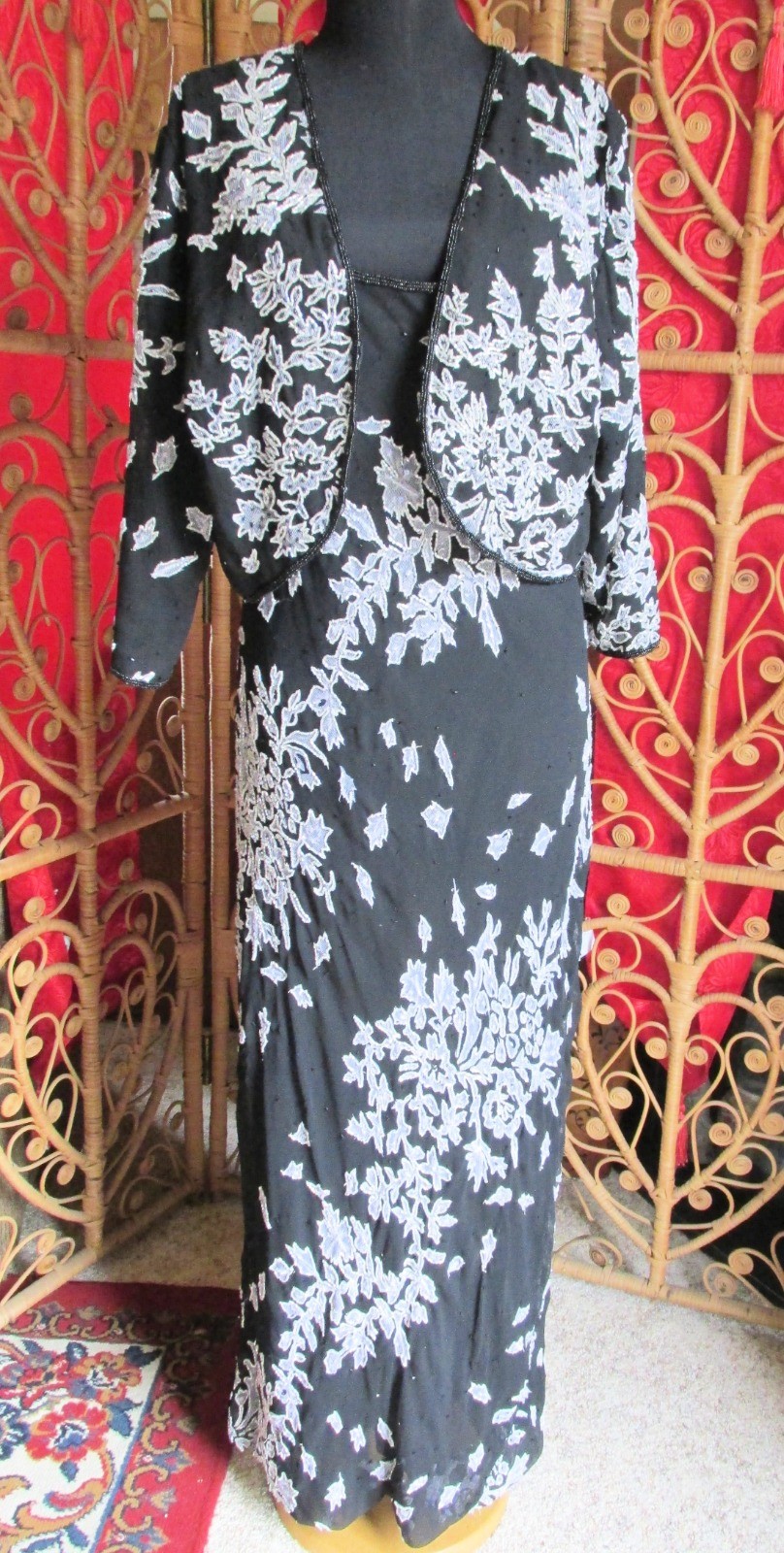 Vintage STENAY Black White Beaded Gown w/ Jacket Sheath Spaghetti Straps SZ 16