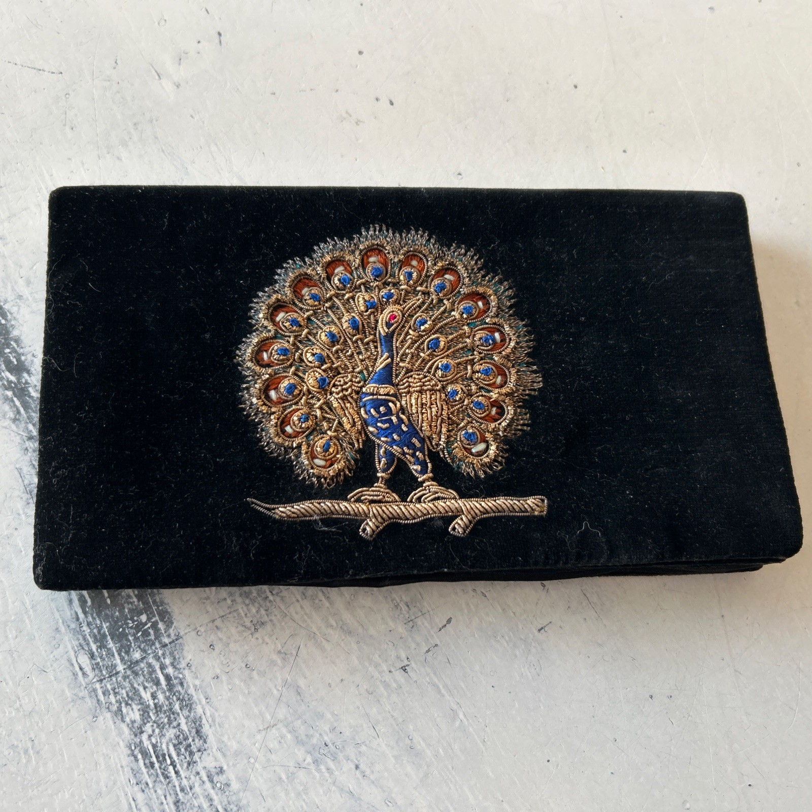 VTG Black Velvet Evening Cocktail Clutch Embroidered Metallic Peacock 7.5”L