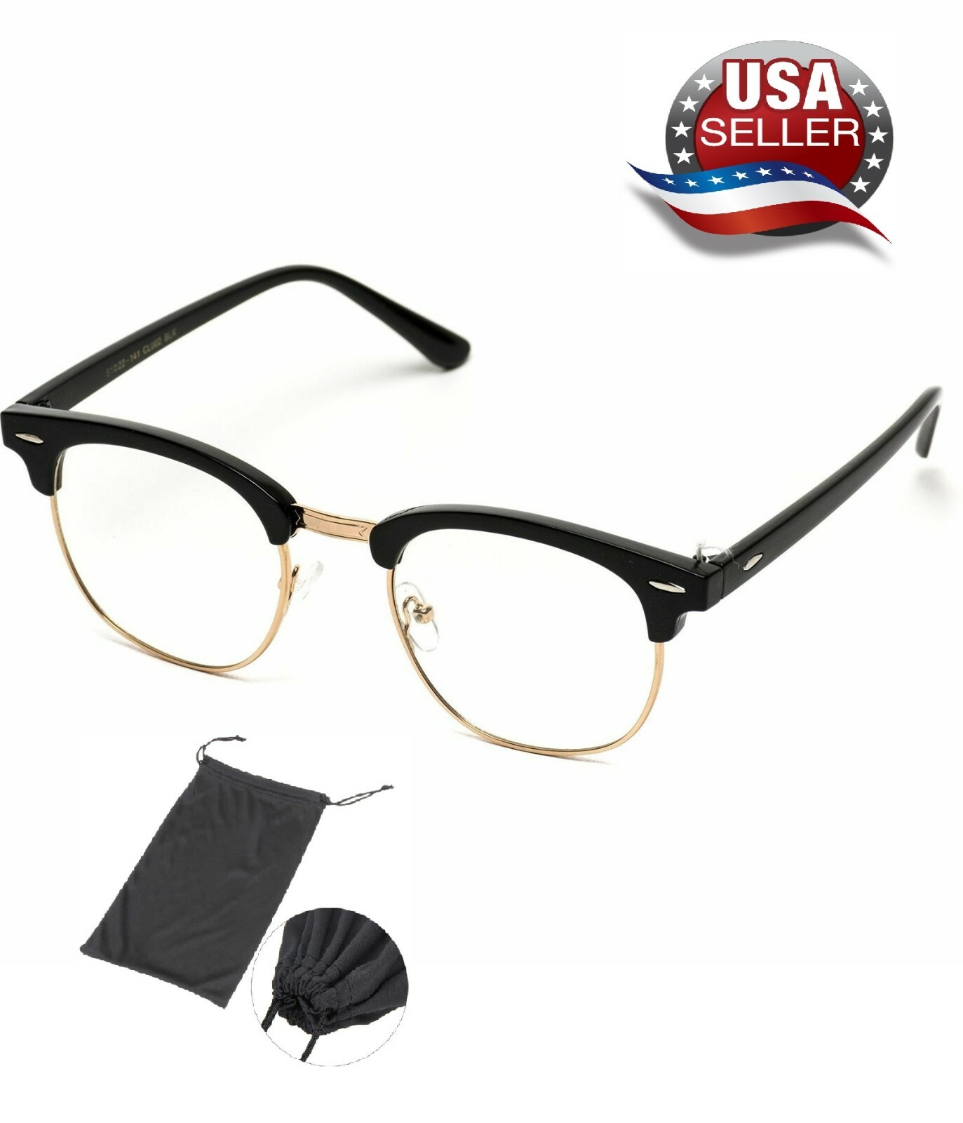 Black Horn Club Style Fashion Nerd Half Frame Clear Lens Glasses with Soft Pouch