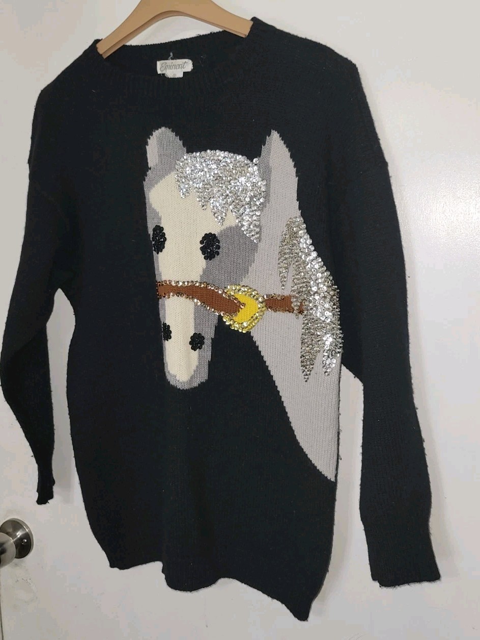 Vtg Eminent Horse Head Sequined Embroidered Sweater Womens Size S Equestrian