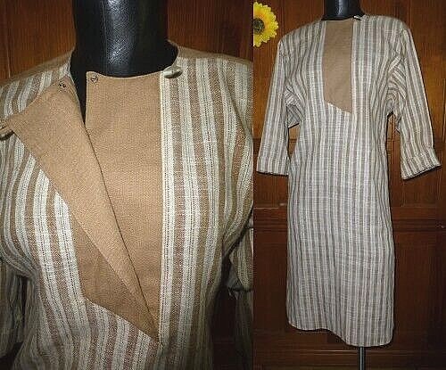 New VTG 1970s 70s Stripe Woven Shift Cocktail Secretary Modest Midi Dress