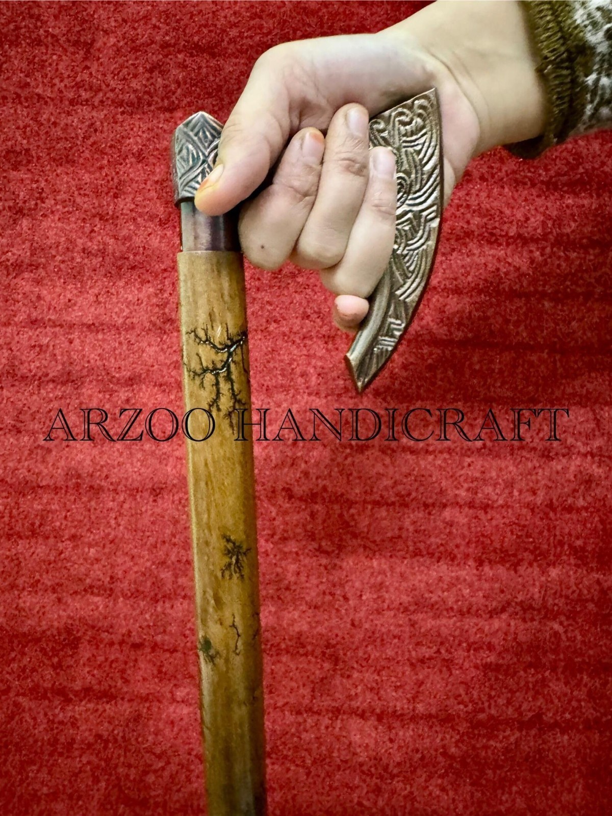 Viking Axe Head Handle 3 Fold Wooden Walking Stick Carved Cane Decor Gift Item