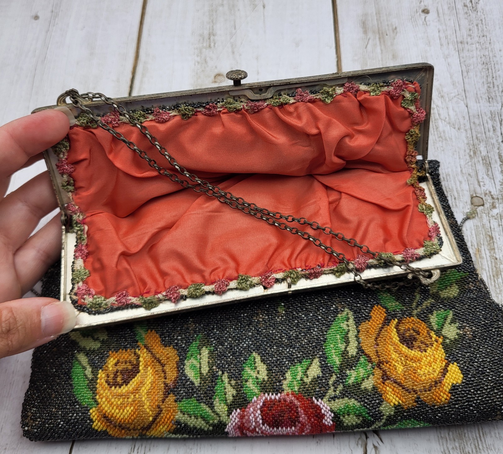 Large 13″ Antique Art Nouveau Floral Beaded Purse Handbag