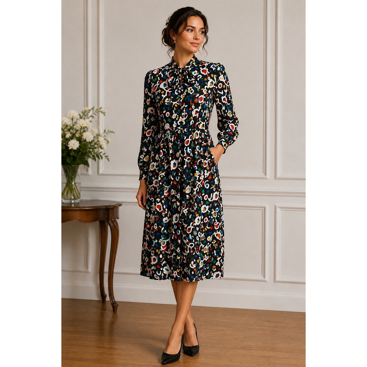 Vintage Leslie Fay Midi Dress Memphis Design Art Deco 80s Dopamine Dressing