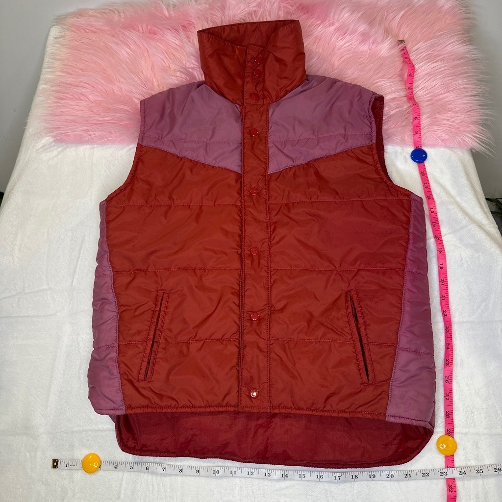 Vintage 70s Briarcliff Red Pink Colorblock Puffer Vest Women Upcycled MEDIUM