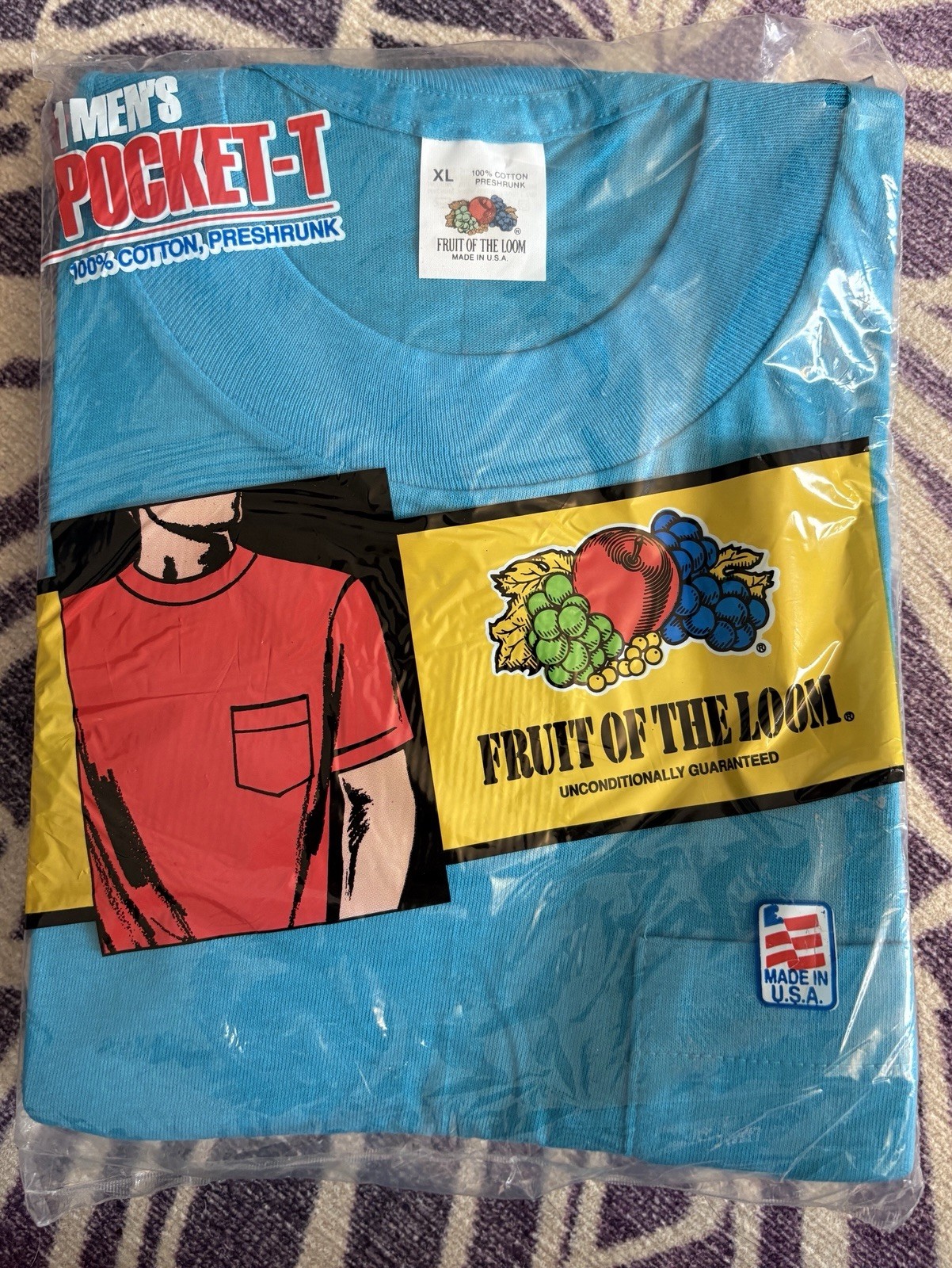 Vintage NOS Fruit of the Loom Blue/Turquoise Pocket T-Shirt 1991 USA XL
