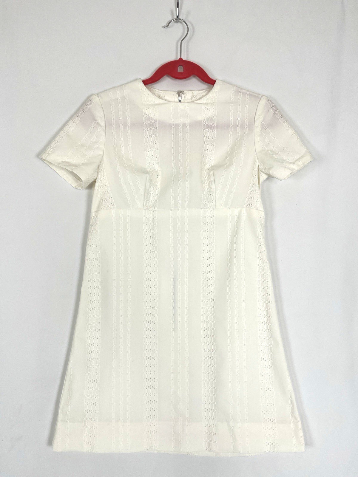 Vintage 1960s Cotton Crochet Lace Eyelet Off White XS/S Empire Mini Shift Dress
