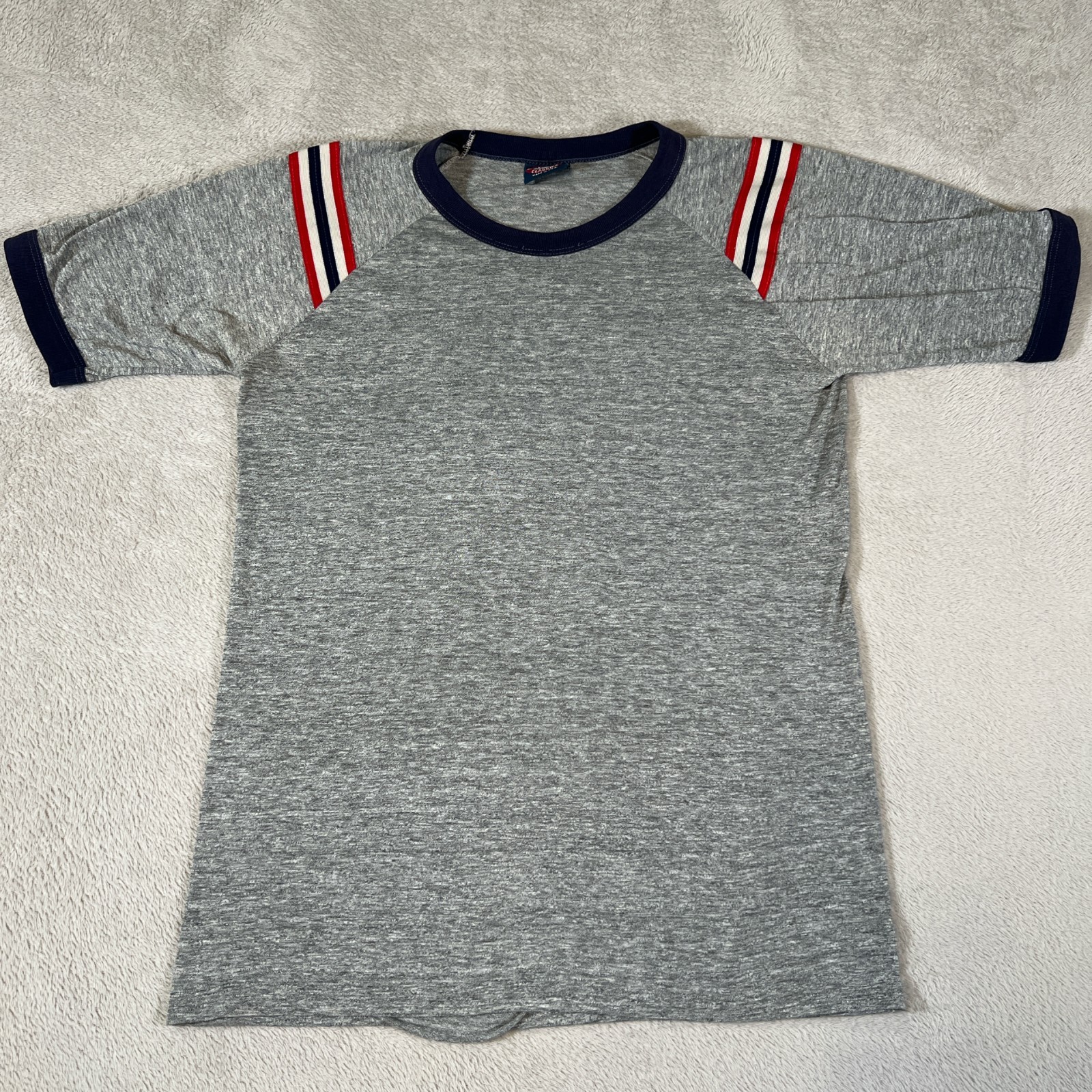 Vintage 80s Blank Gray Rayon Tri-Blend Raglan Jersey Heathered T-Shirt Sz Large