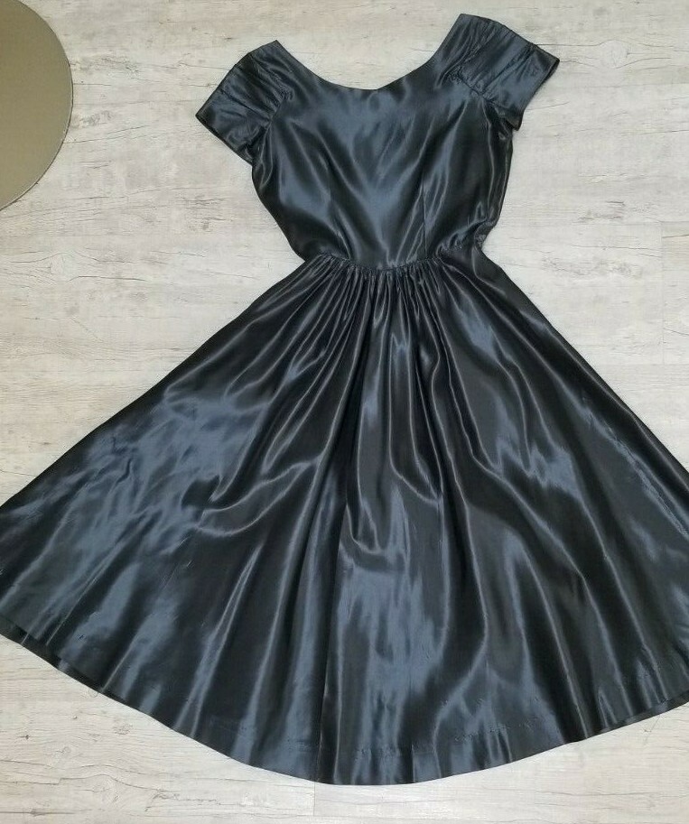 Vintage 1950s Minx Modes Gunmetal Grey Taffeta DRESS – Size XS/S