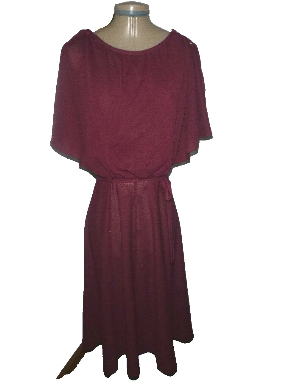 Vintage 70’s Polyester Wine Blouson Split Flutter Sleeve Disco Dress S/M