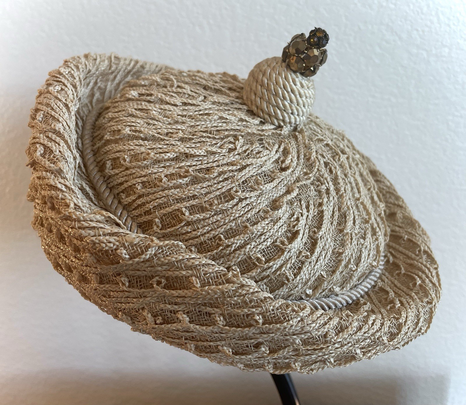 Vtg 1960s Jan Leslie Custom Design Cocktail Hat Turban Cloque Bead Mid Century
