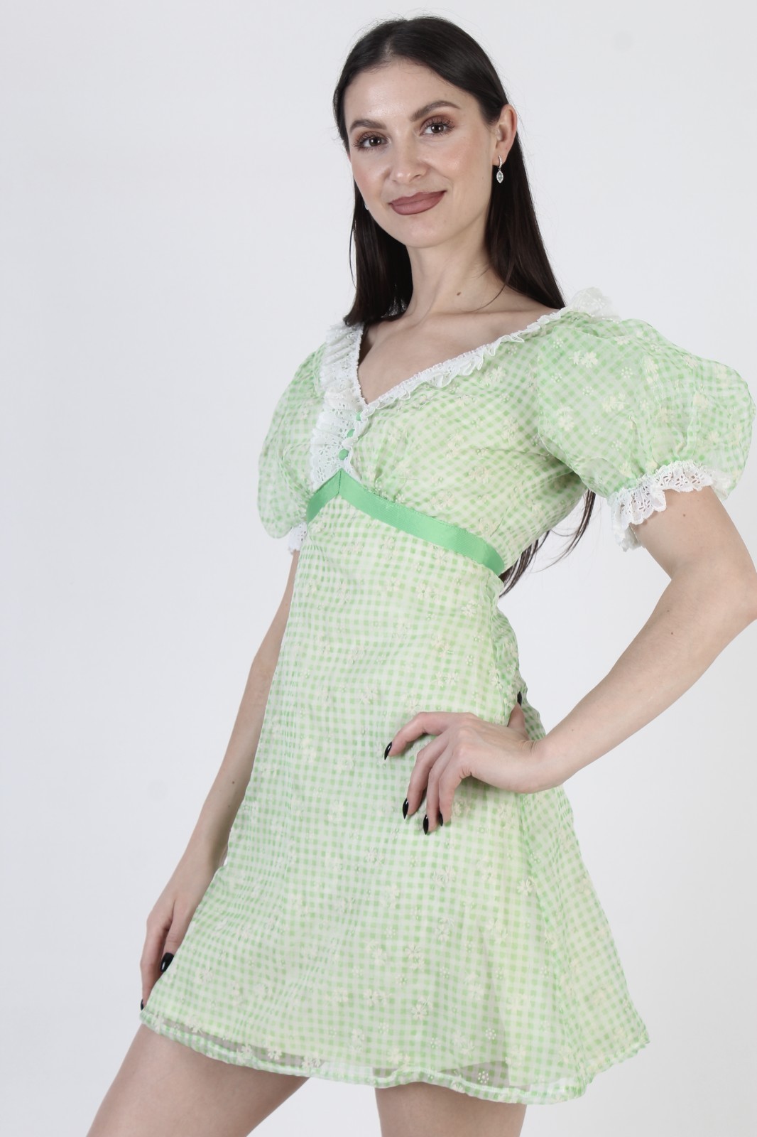 Vtg Green Gingham Dress Wht Lace Puff Slv High Waist Country Prairie Sundress
