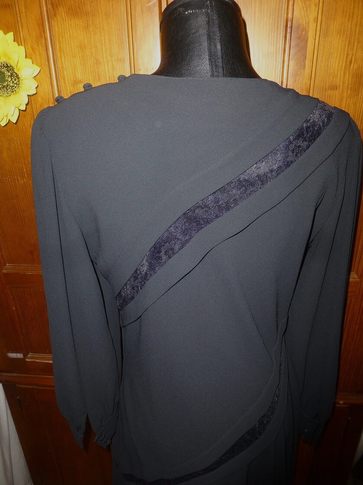 Vintage 80s Pierre CARDIN Boutique Black Crepe Lace Long Slv Midi DRESS sz 12