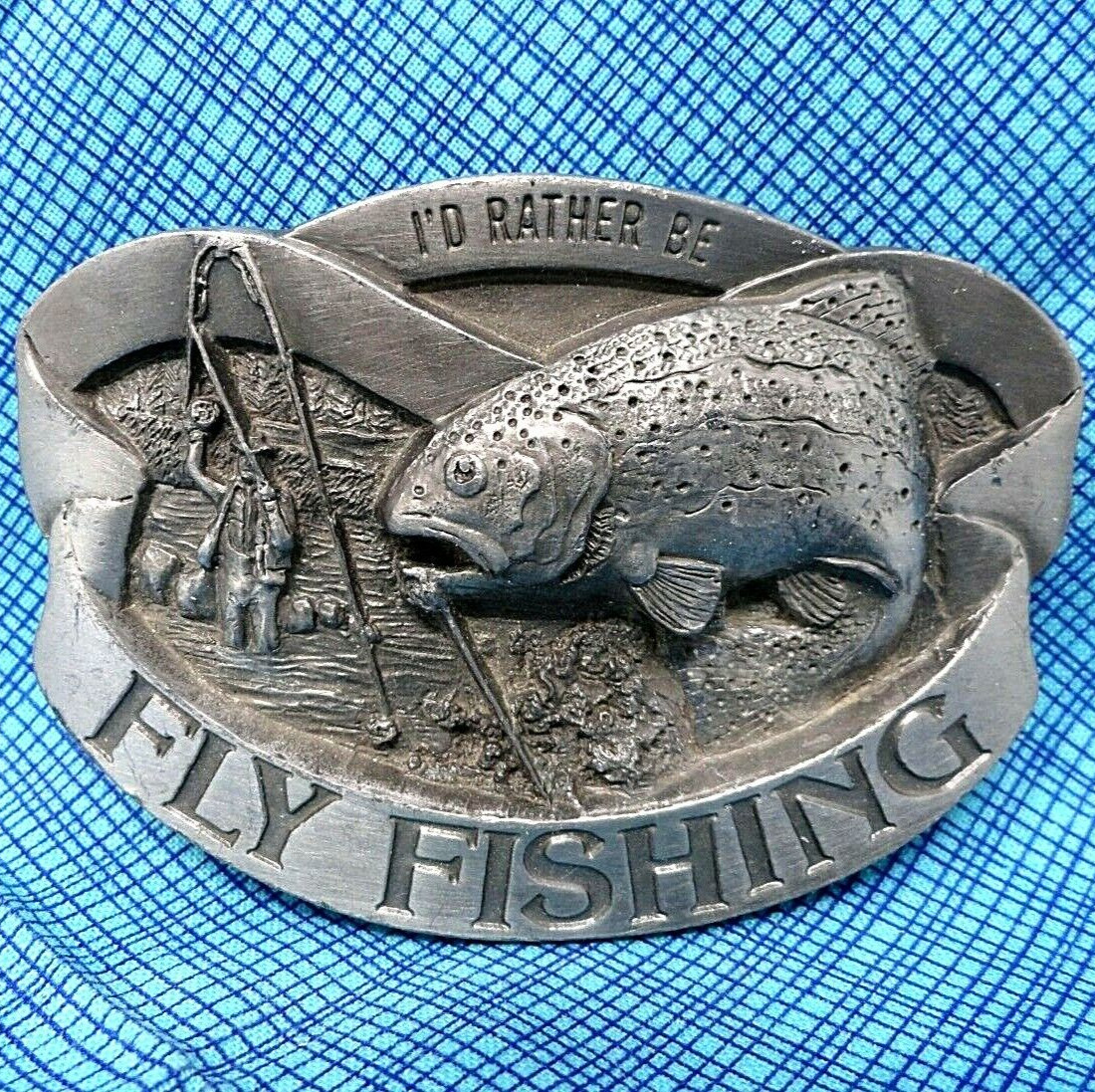 Id Rather Be Fly Fishing Belt Buckle Fisherman Trout Vtg 90s BOA USA .DBD229