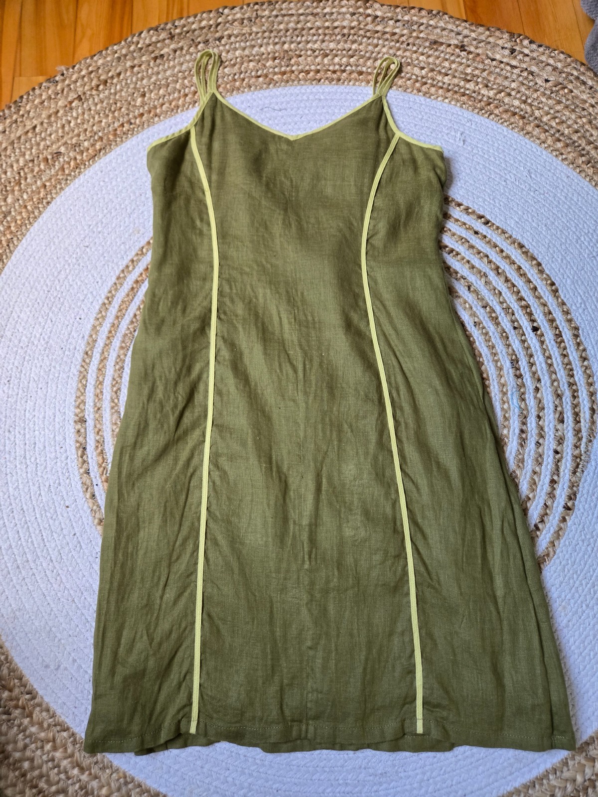 Vintage 90s Linen Blend Olive Green Mini Dress Minimalist Panel Contrast Trim