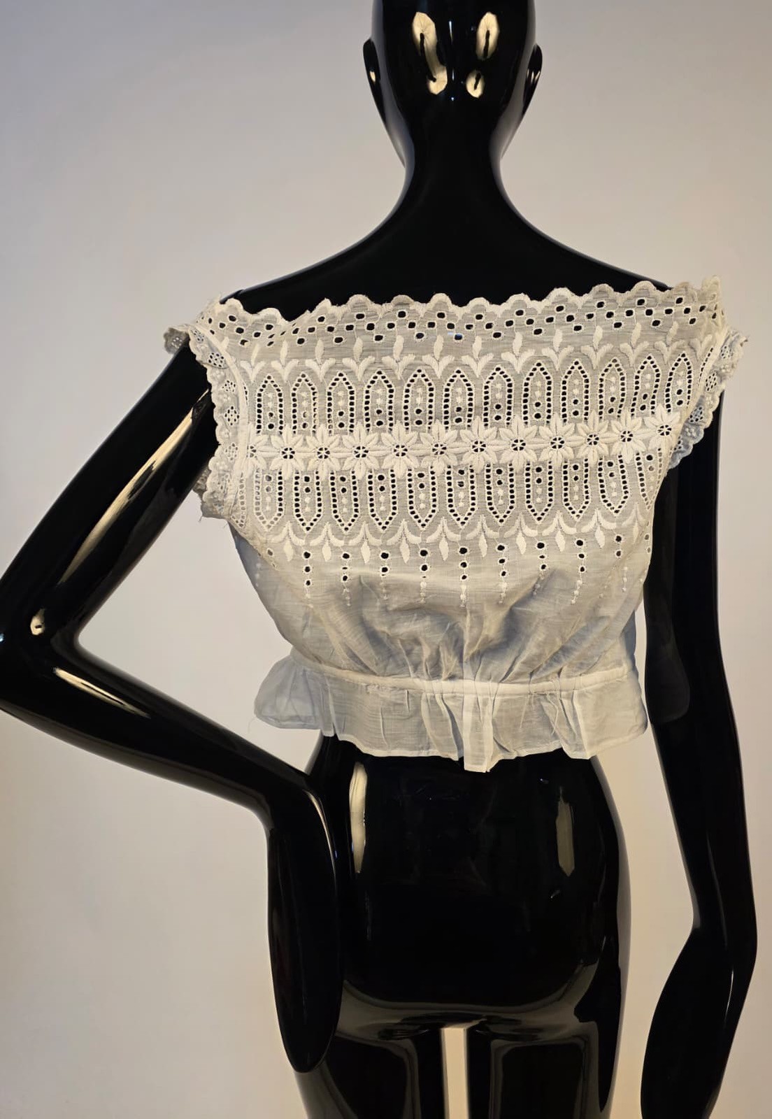 VICTORIAN 19TH C WHITE EYELET CAMISOLE TOP W BUTTON FRONT – OLD STOCK