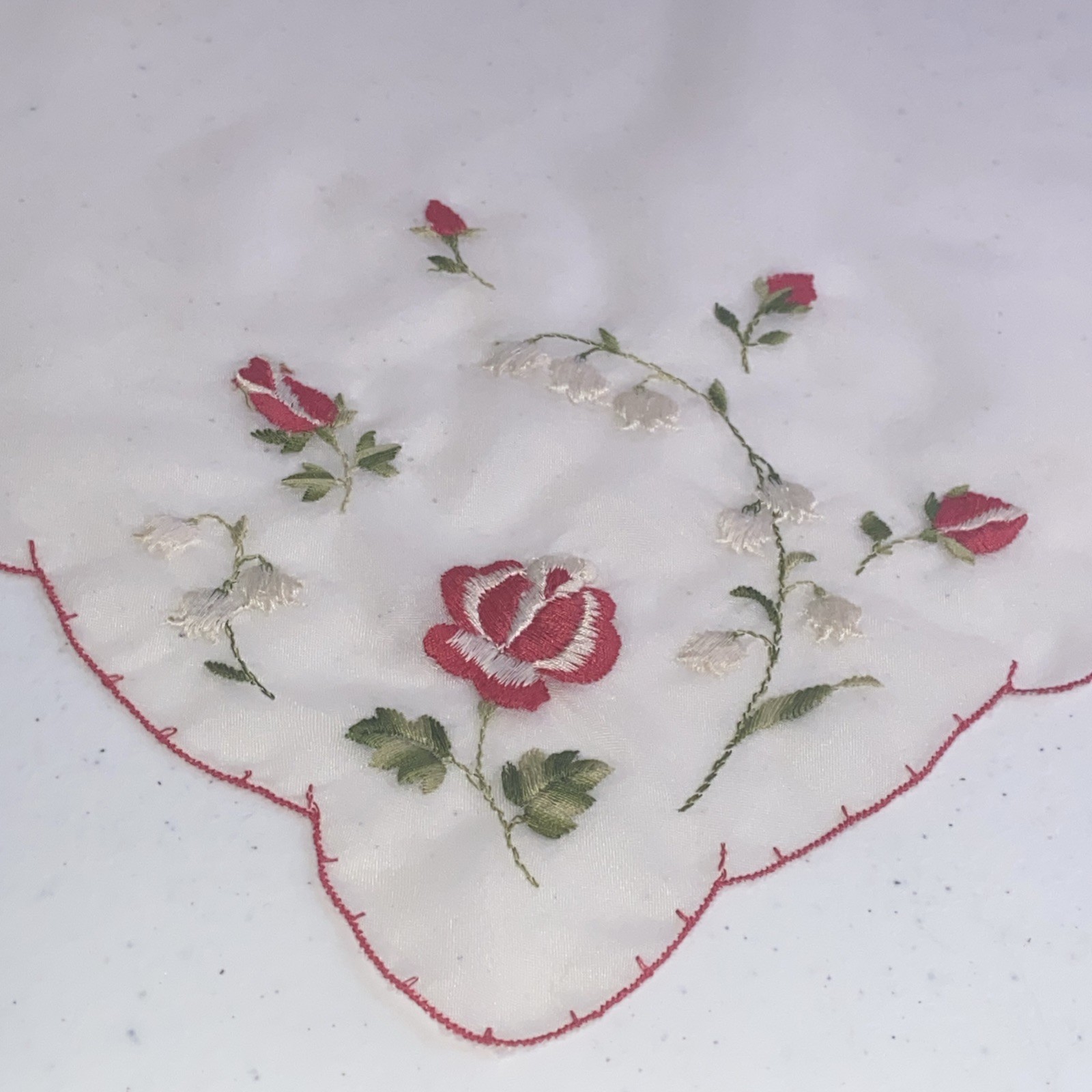 Vintage Embroidered Handkerchief Rose Lily Of The Valley Floral Scalloped Edge