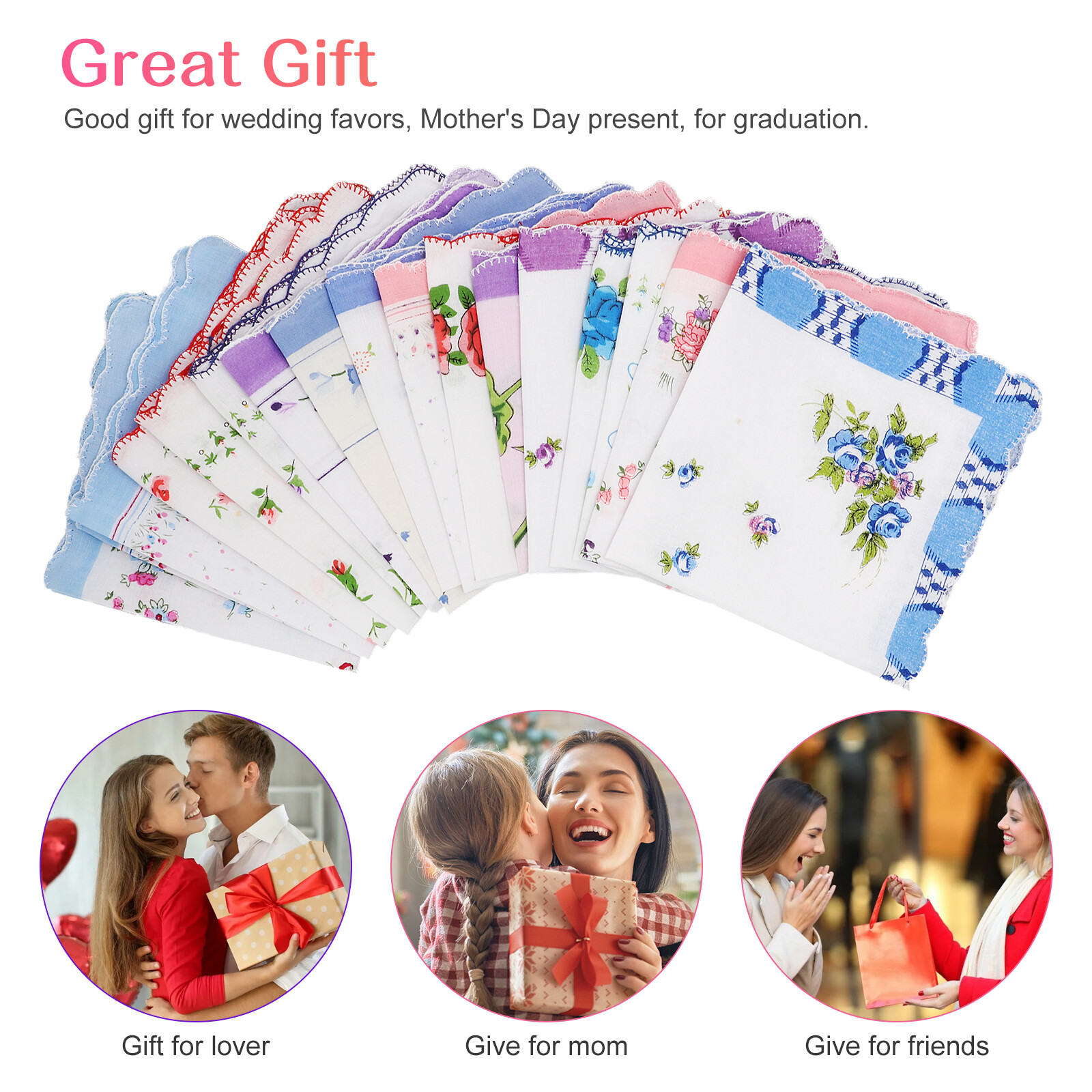 20PCS Lady Handkerchiefs 100% Cotton Hankies Pocket Vintage Classic Handkerchief
