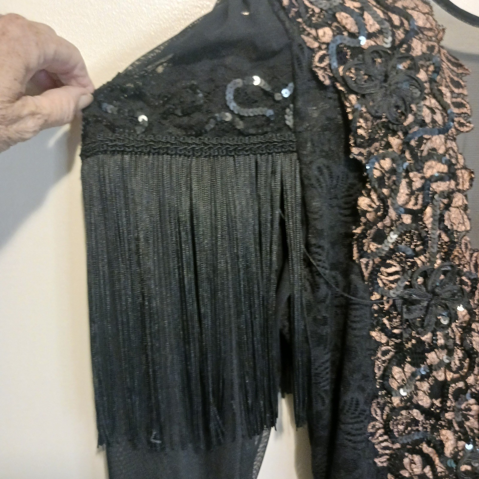 Vintage Janine 80s Goth Party Dress Black Bronze Metallic Lace Fringe Sequin S