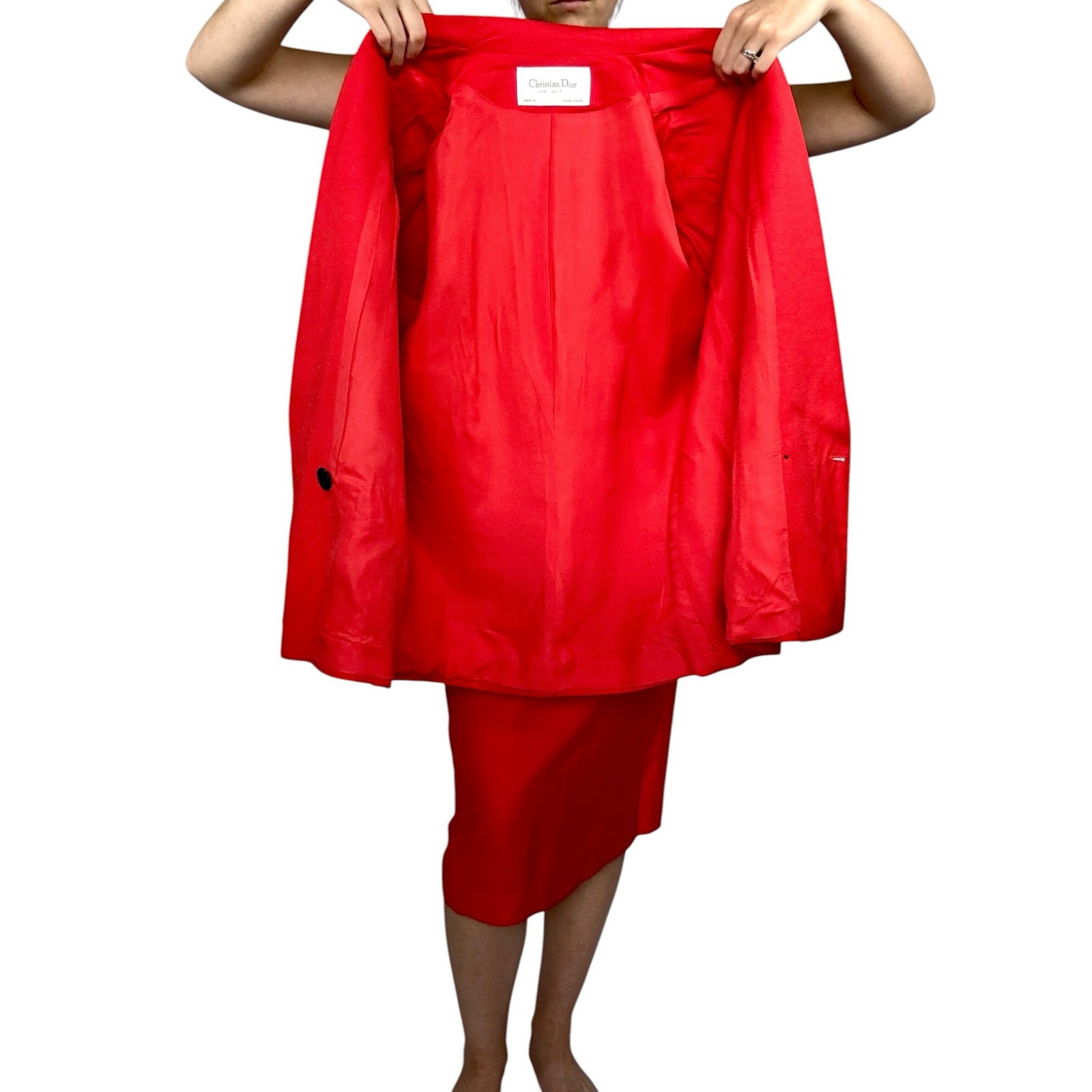 Vintage Christian Dior The Suit Red Rayon Skirt Suit Set 1990s Double Breasted