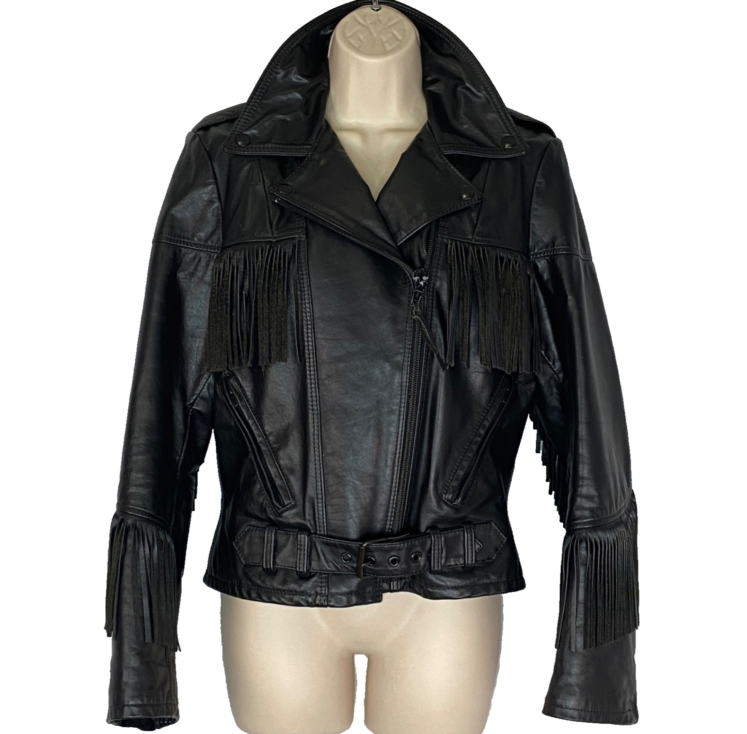 Vintage black leather fringe jacket women’s S M moto rocker biker TAURUS