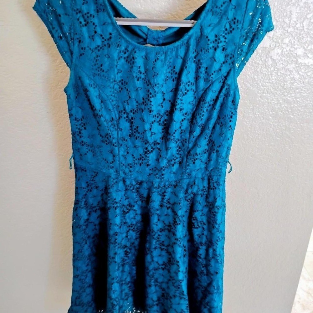 Vintage Indie Boho Floral Lace Fit and Flare Mini Dress Teal Cocktail Skater