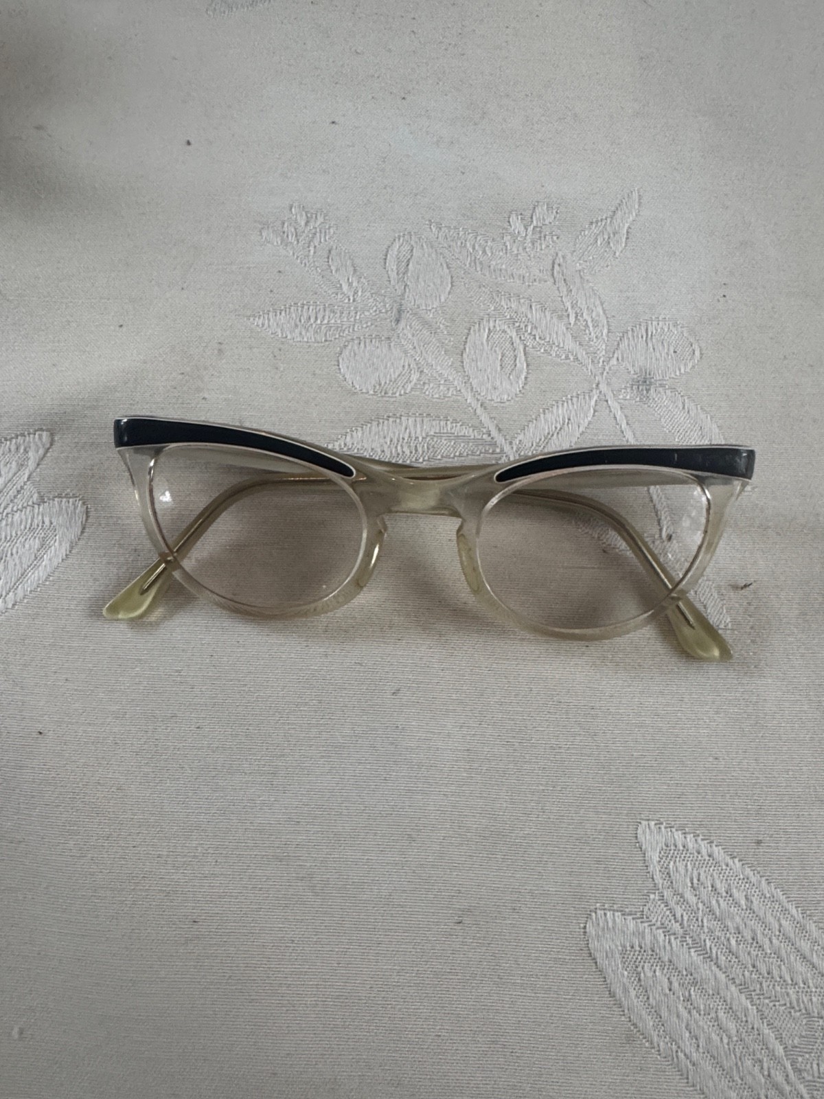 Vintage Shuron Cat Eye Glasses Frames 5 1/2 Clear and Black With White Accent