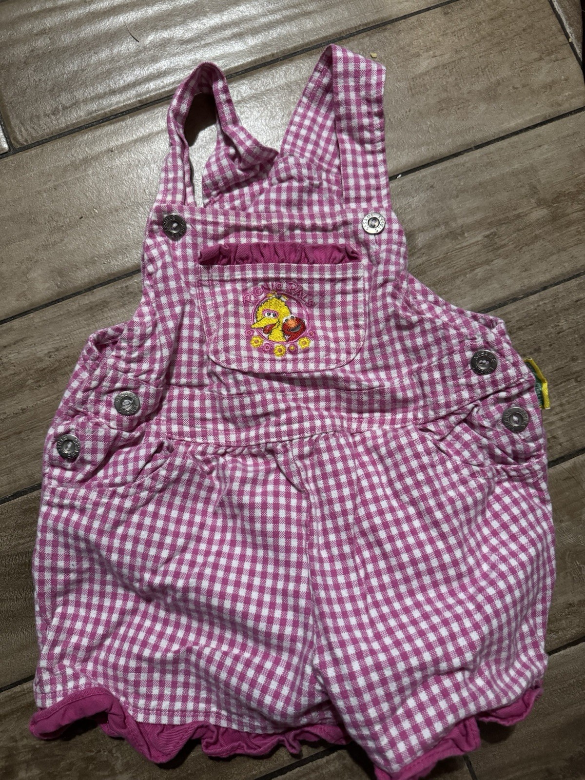 90s SESAME STREET VINTAGE BIG BIRD ELMO GINGHAM 18 MONTH BUBBLE ROMPER OVERALL