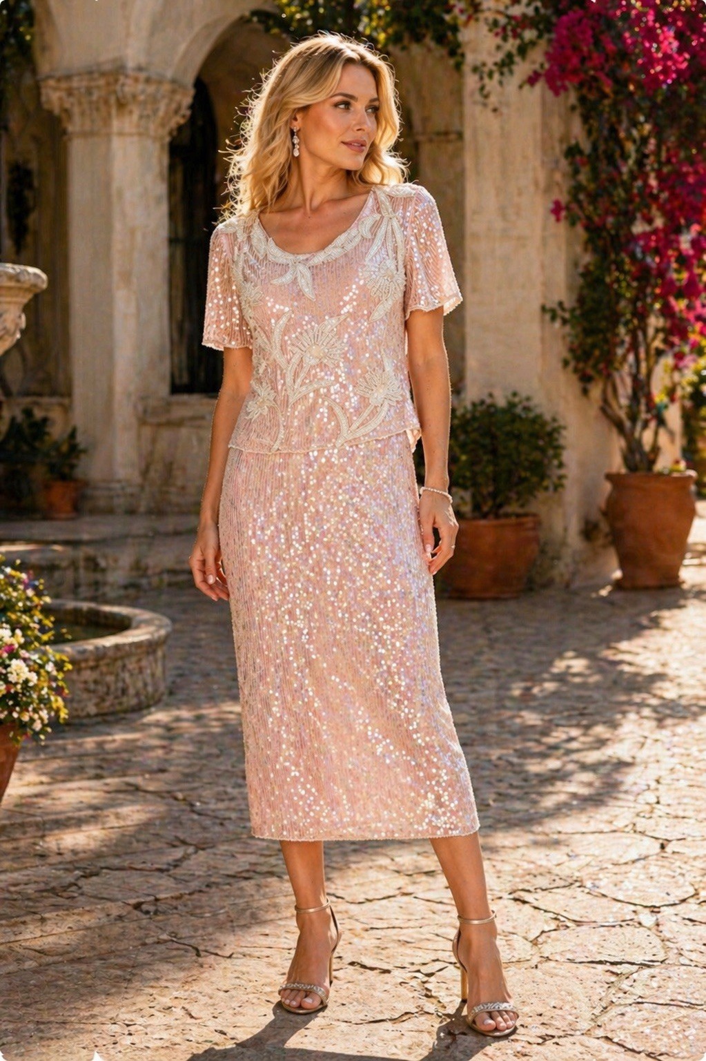 Stenay Womens XL Pink Silk Beaded Sequin Pearl 2Pc Skirt Blouse India VTG