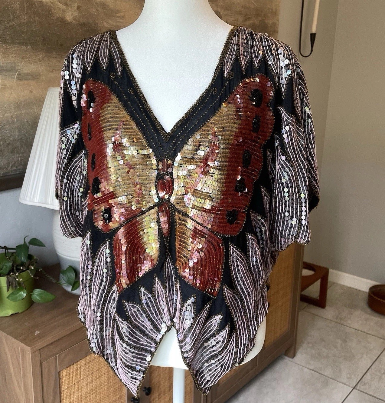 Vintage 80s Silk Sequin Butterfly Top Beaded Black Art Deco Festival Boho