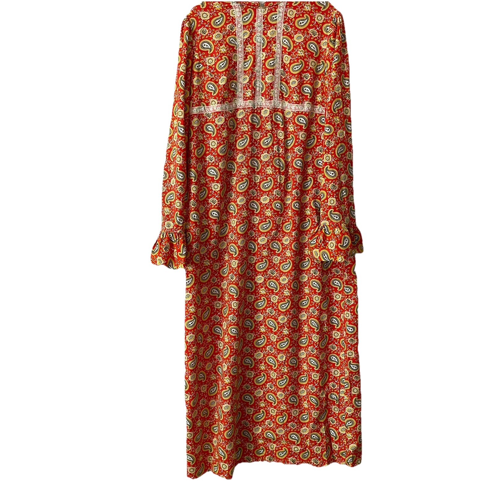 VTG 1970s Handmade Maxi Sheath Dress Orange Paisley Lace Trim Theater Sz S