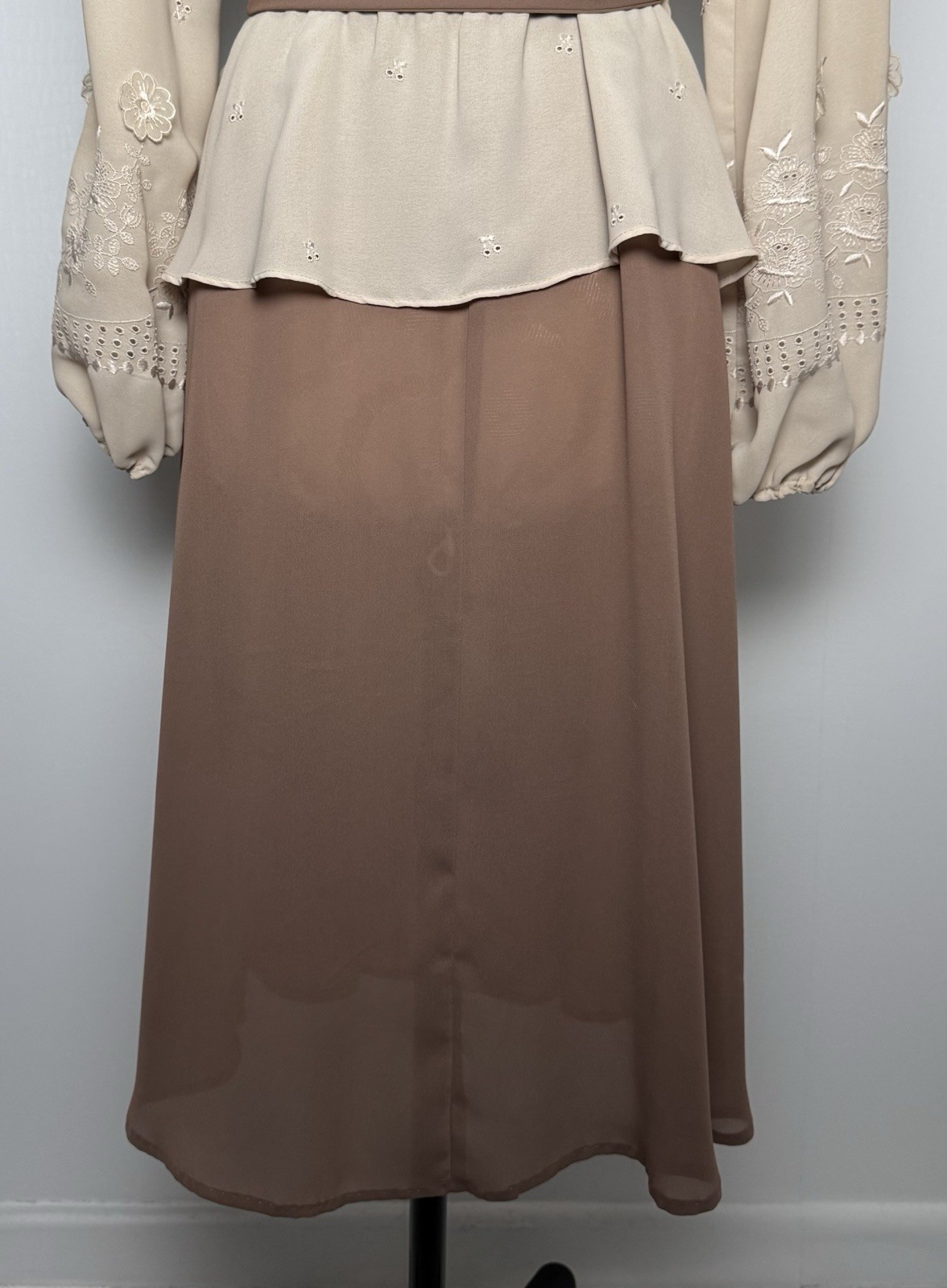 Vintage 70s Lace Appliqué Blouse Skirt Set M Sheer Romantic Chiffon Midi