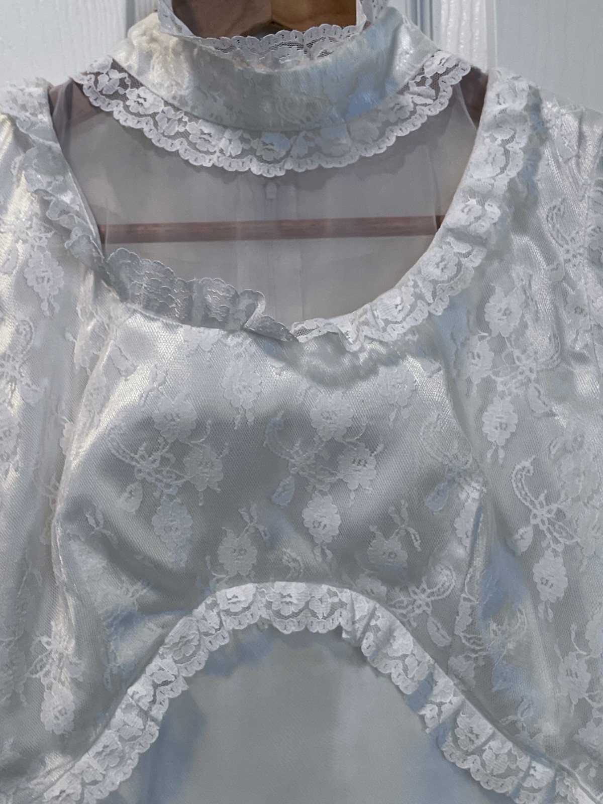 Vintage Bridal Gown High Neck Lace And Sheer Bishop Sleeve