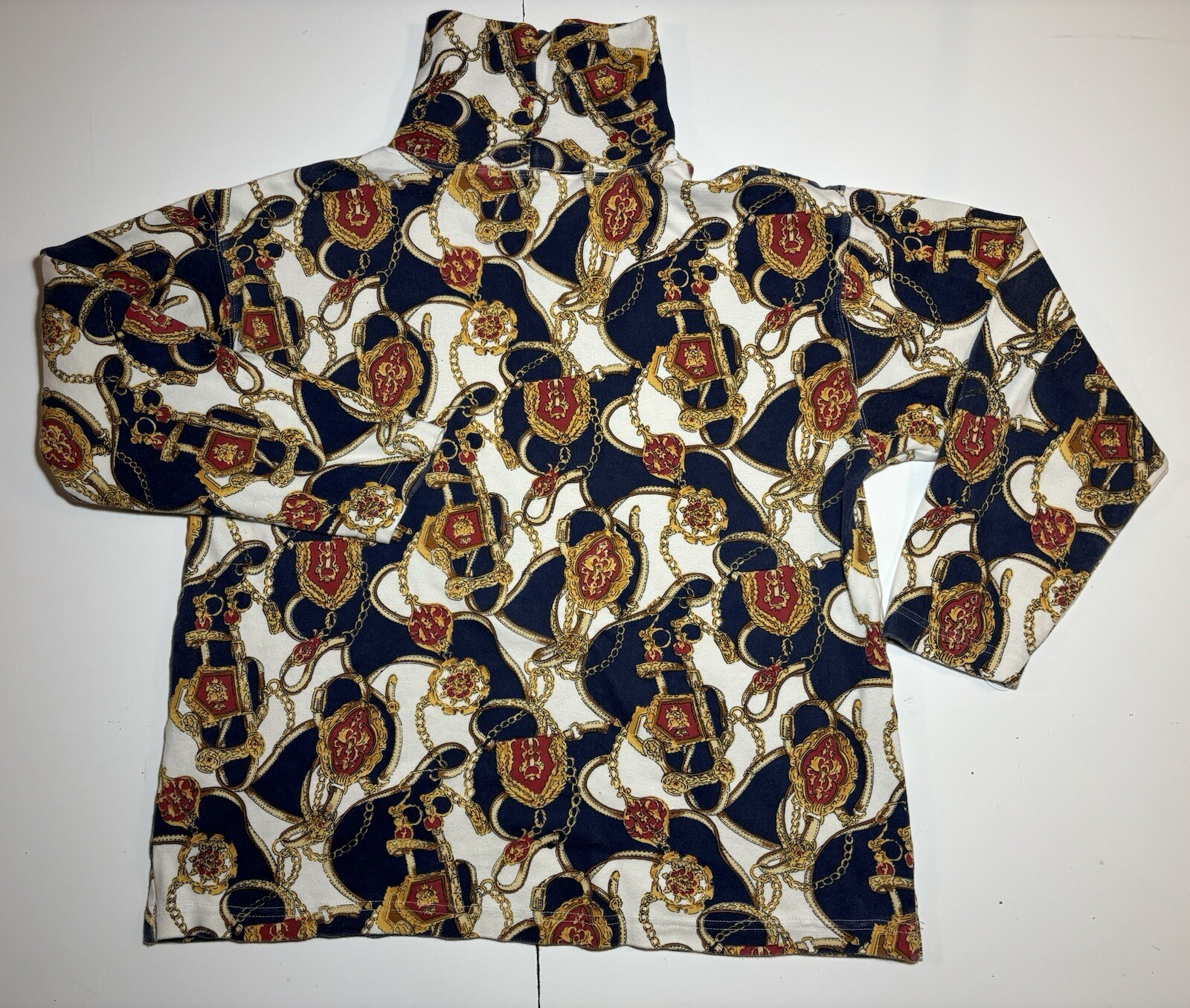 Glam Rock 80s Mod VTG M Christina Woodward Lothrop Turtleneck Shirt Gold Chains