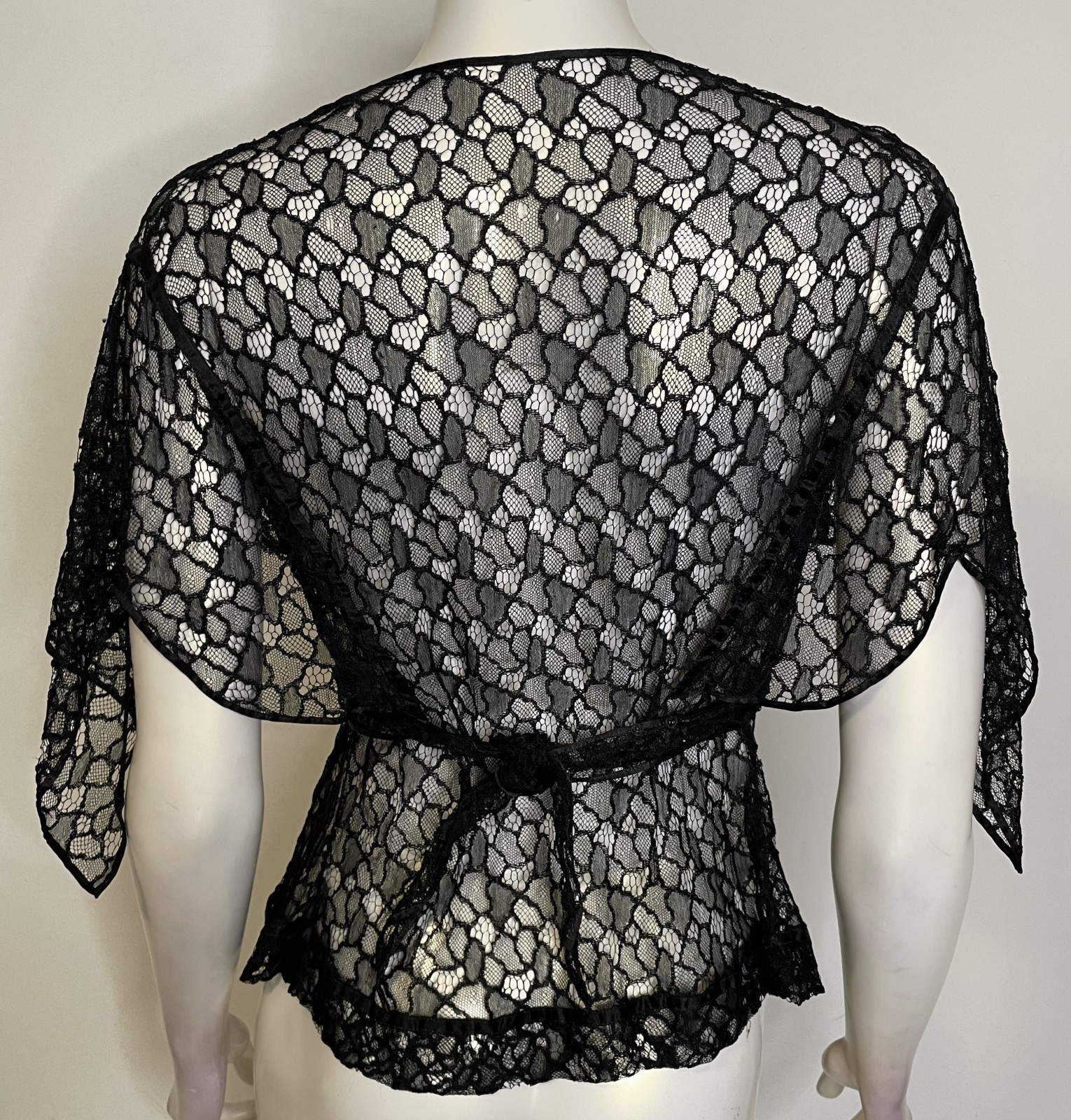Antique 20s 30s Black Lace Top S M Overlay Flutter Sleeves Tie Evening Art Deco