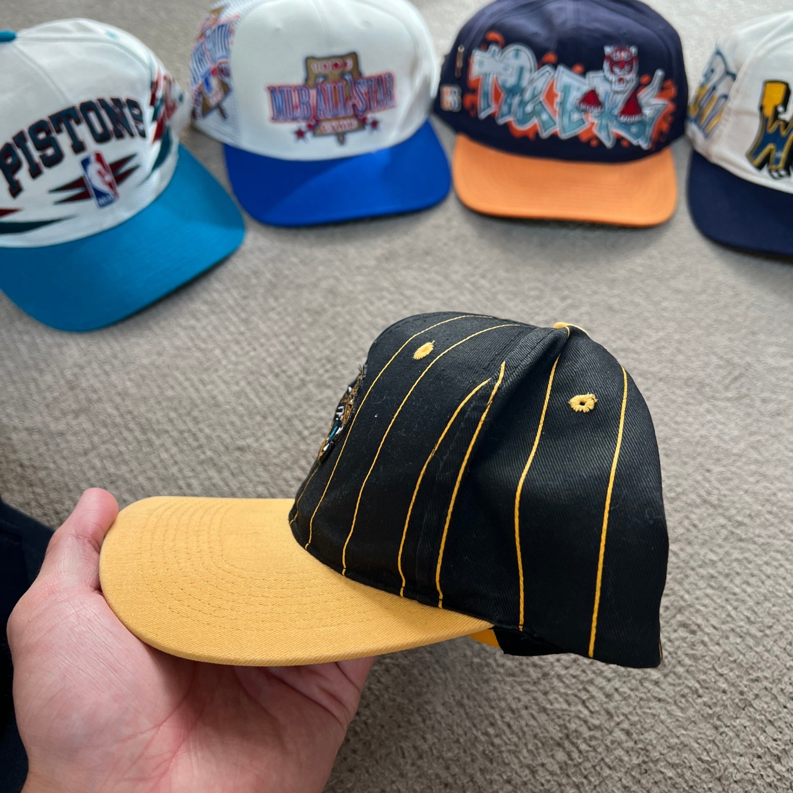 Vintage 1990s Jacksonville Jaguars Pinstripe Snapback Hat Black Gold NFL OSFA