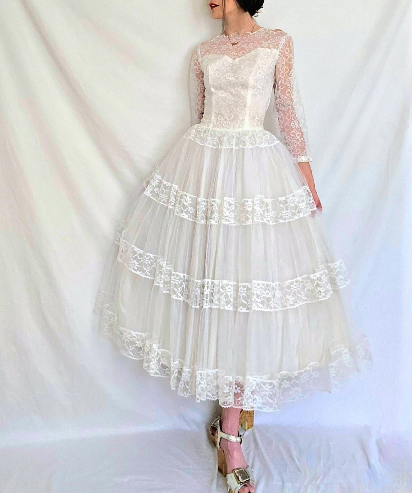 1950s Tea Length Wedding Dress: Vintage Tulle and Lace Bridal Gown, S