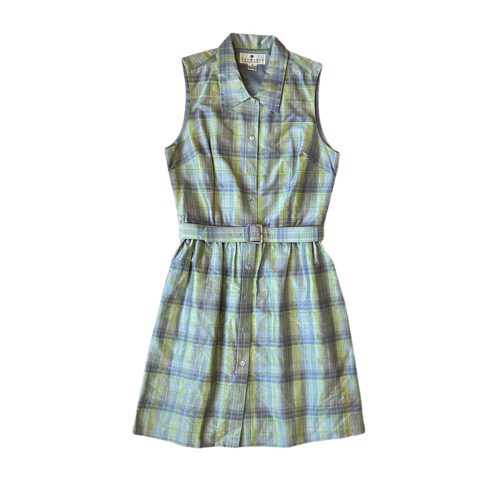 Vintage Works Saks Fifth Ave 100% Silk 10 Plaid Blue Grew Fit & Flare Dress Belt