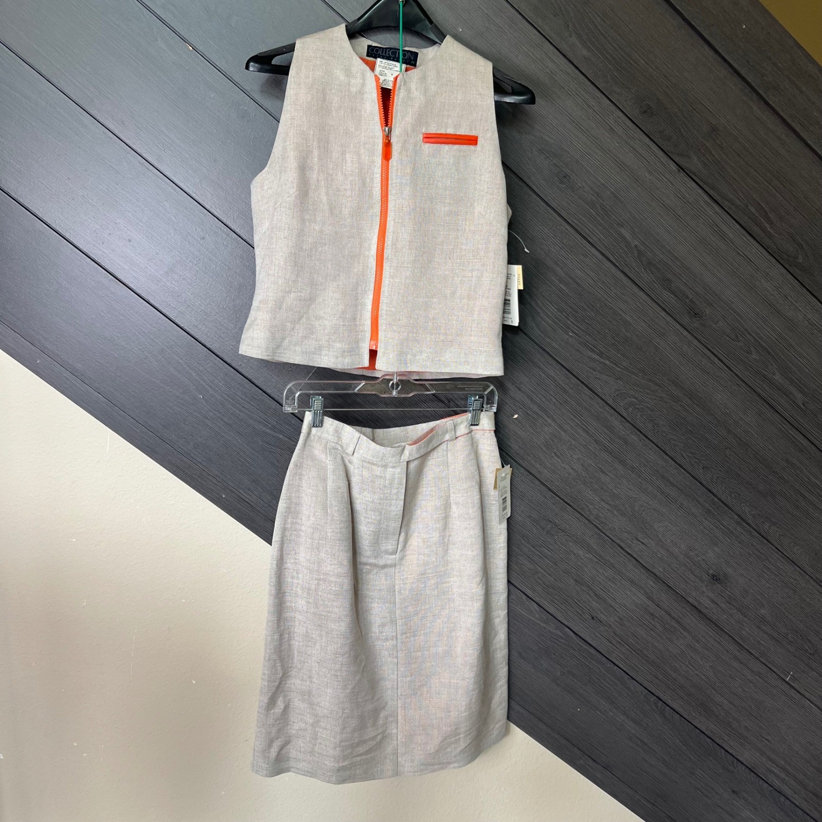 Harvé Benard Womens Linen Blend Skirt Suit Set Size 8 Beige Orange NWT VTG