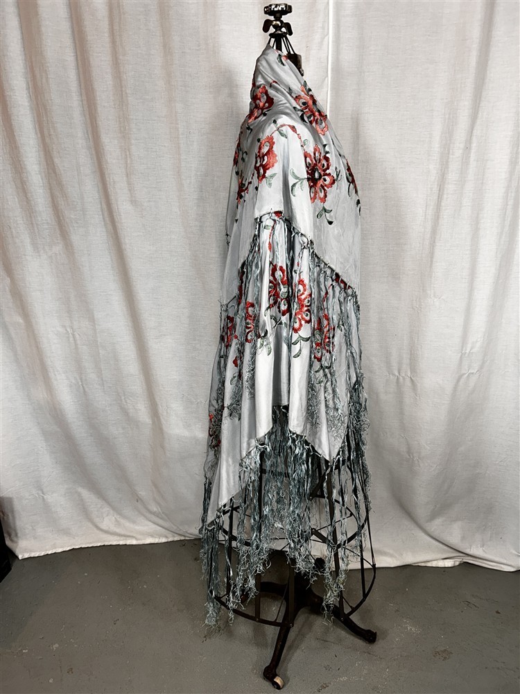 antique shawl throw silk blue embroidered 50×50 in. fringe 16 in original 1890