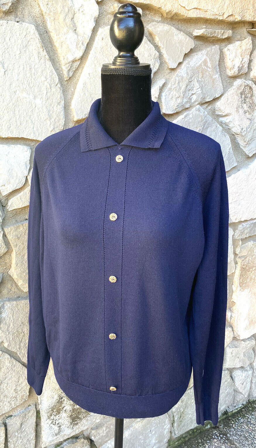 Vintage DUNEDIN Cardigan Sweater Large Navy Blue Gold Tone Buttons British Isle