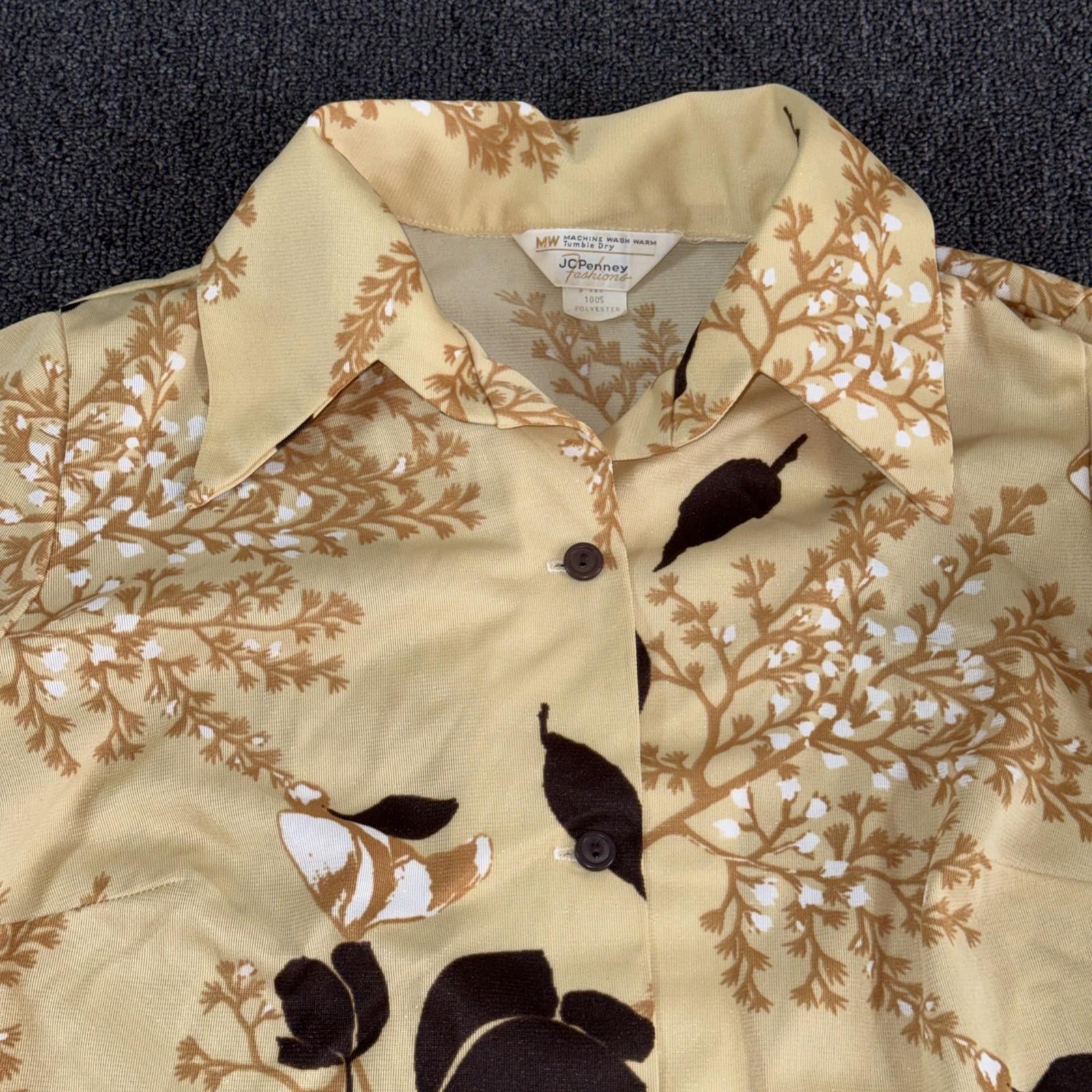 Vintage 70s Jc Penney Wide Collar Disco Polyester Shirt Retro Size 22.5 XL Brown