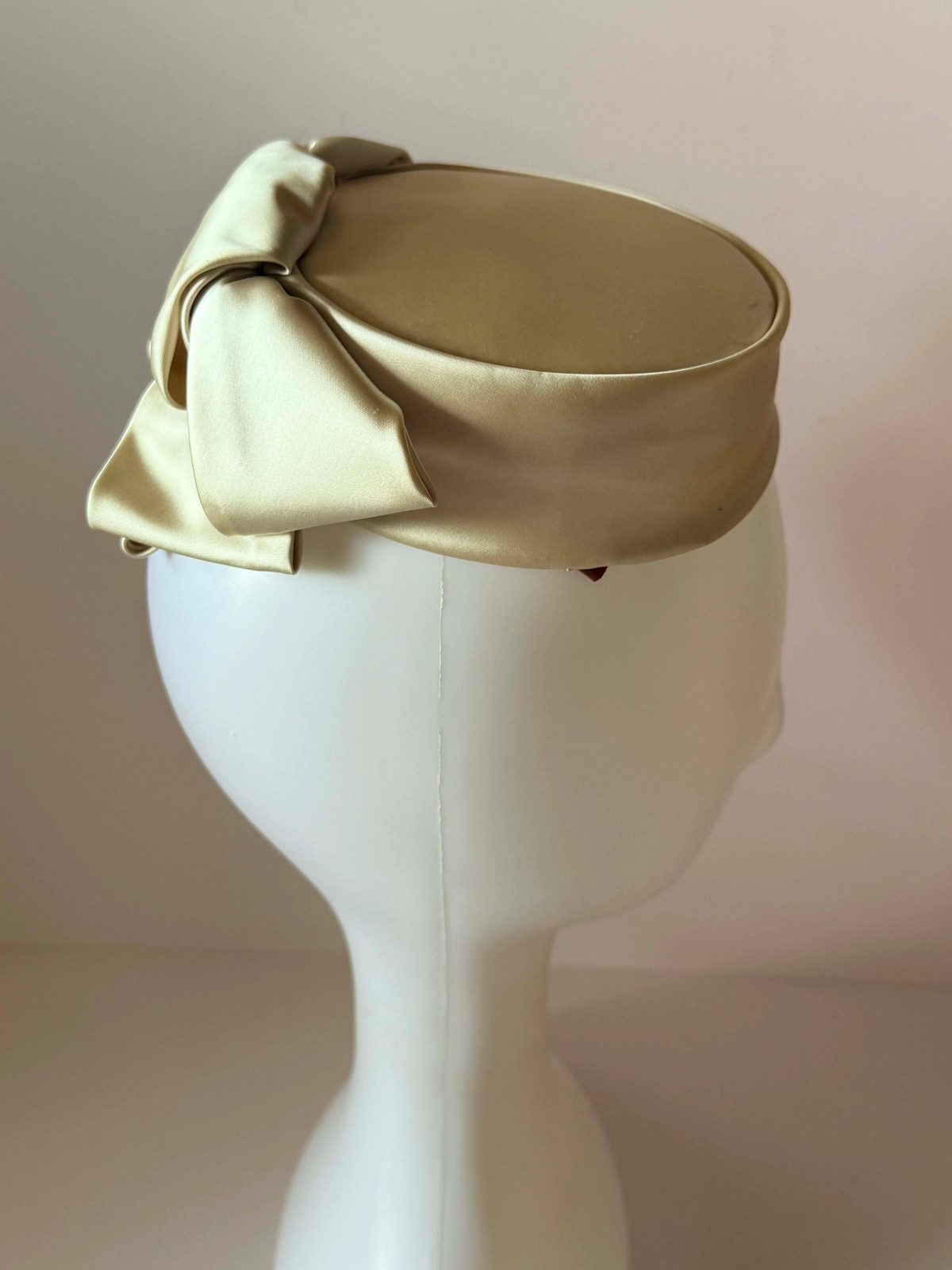 Vintage Champagne Satin Pillbox Hat 1960s Cocktail Hat Oversized Bow Bridal
