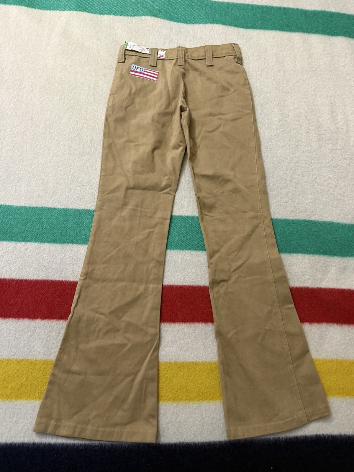 Vintage 1970s 70s UFO Beige Khaki Flare Bell Bottom Pants Jeans 26/27×32” Hippie