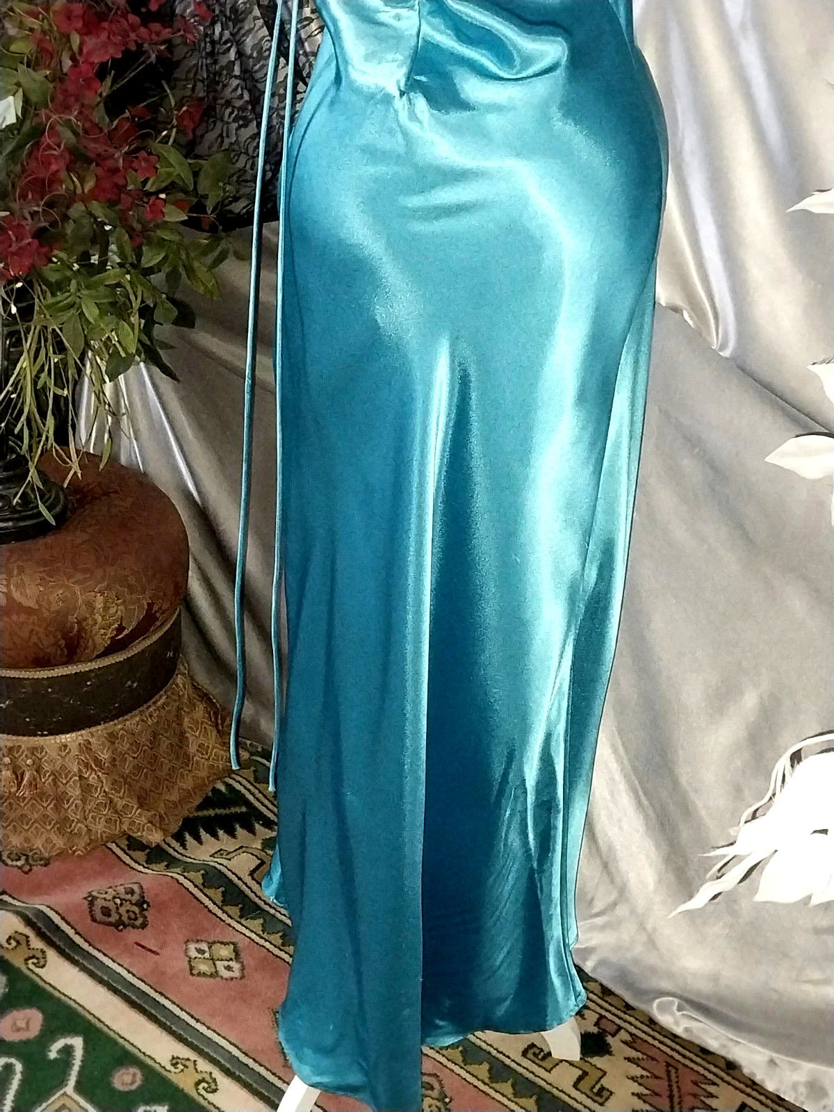 VTG SATIN SHINY BOMBSHELL LIQUID LACE UP RUCHED MAXI GLAM GOWN DRESS TALL S NEW
