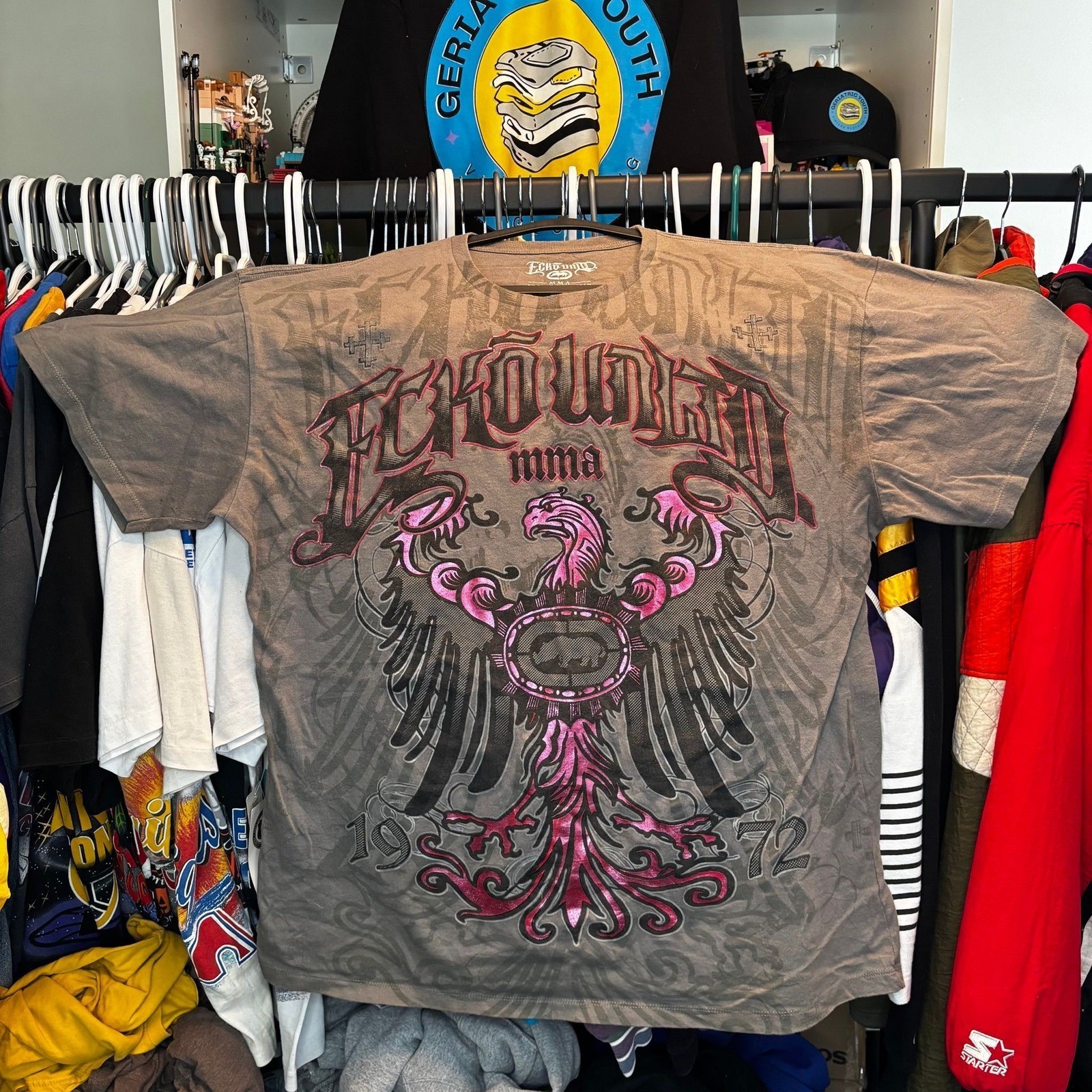 Y2K Ecko Unltd MMA Eagle T Shirt 2XL Double Side Gray Graphic Tee Ecko Unlimited