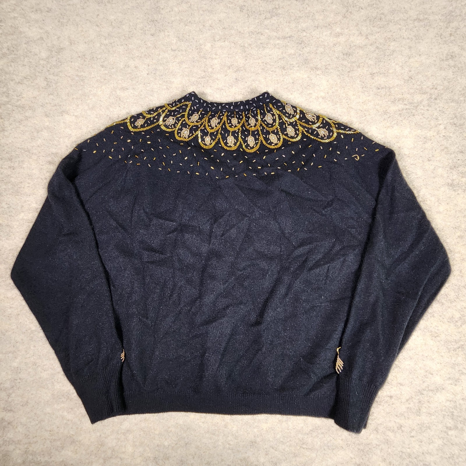 Vintage Lined Angora Blend Heavily Beaded Cardigan Black Cinched Waist Sweater