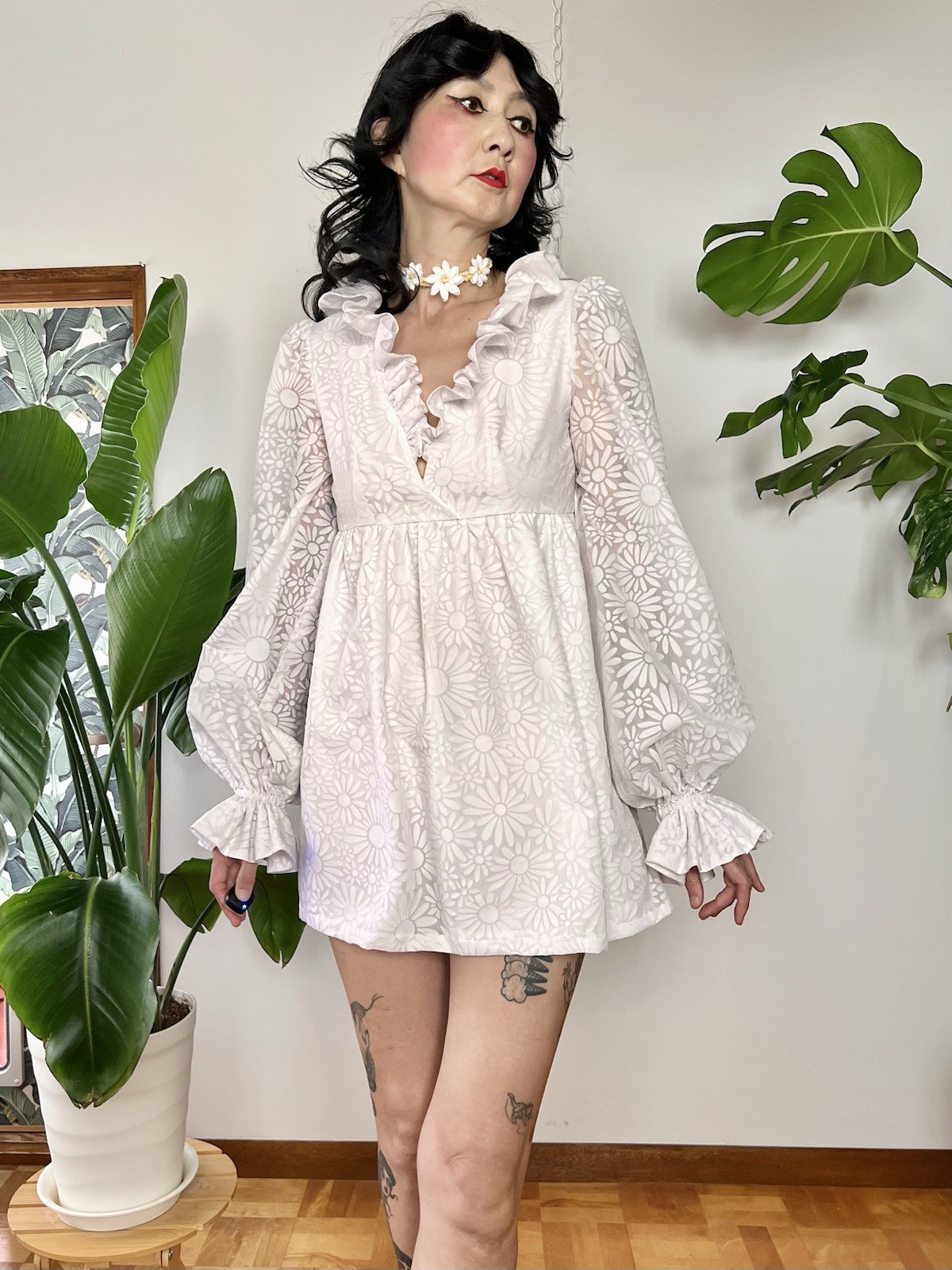 60s Mod Flocked Daisy Mesh Babydoll Mini Dress Sheer Balloon Sleeve Wedding XS/S