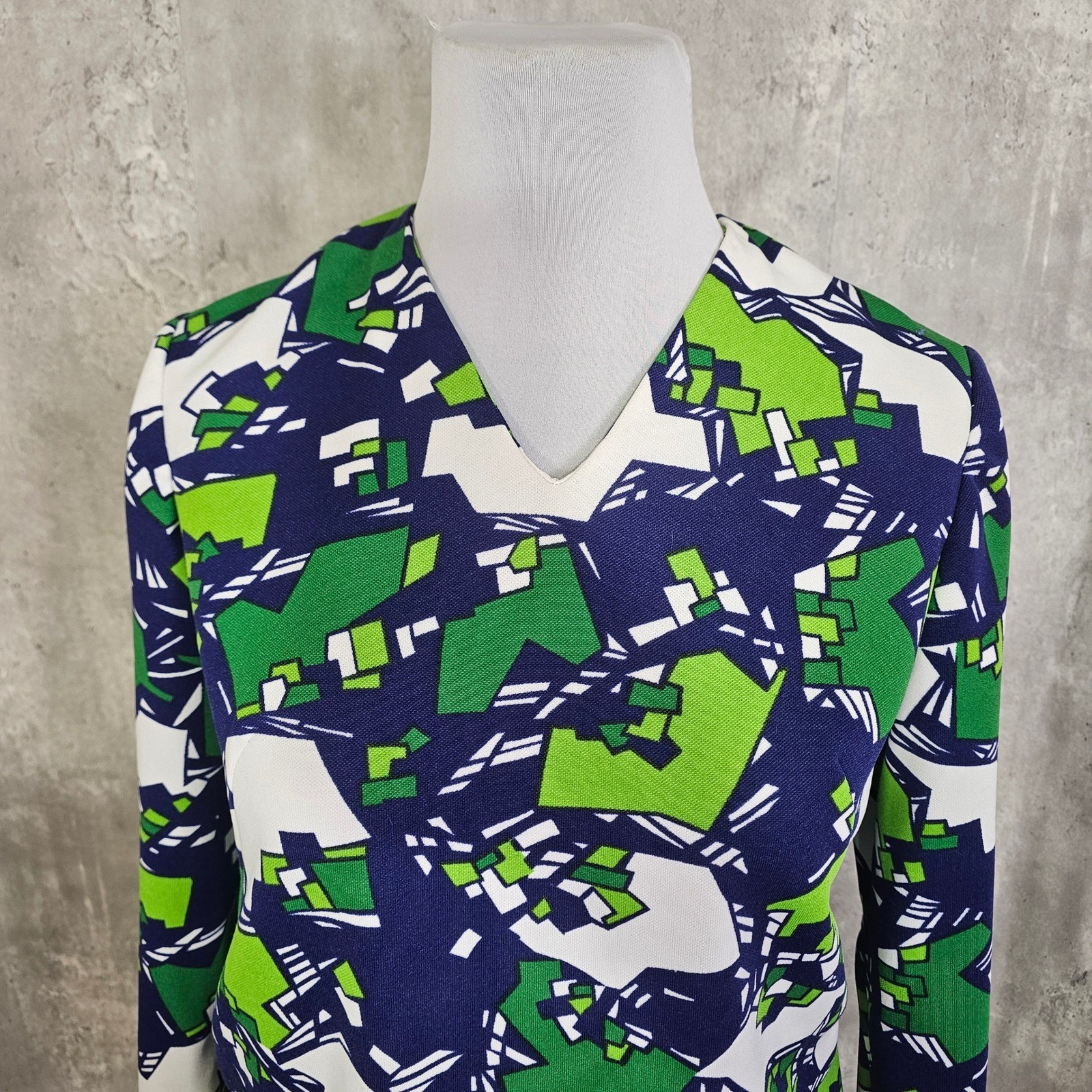 Vintage 60s Mod Geometric Top Green Blue Double Knit Talon Zip Handmade